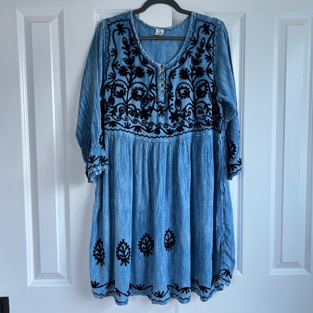 Riviera‎ Sun Blue Black Embroidered Bohemian Folk Peasant Tunic Dress Size 1X